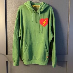 Aviator Nation Green Hoodie with Red Heart and Yellow Lightning